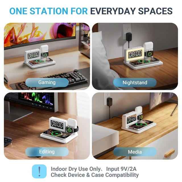 Alt view image 7 of 7 - Wireless Charging Station for Multiple Devices with Alarm Clock, White | All-in-One Alarm Clock with Charger for iPhone, Charger forApple Watch & Charger for AirPods; Night Light, White