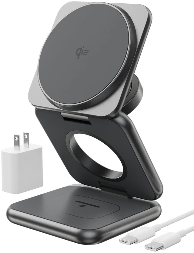Main image of KUXIU Qi2-Certified 15W 3 in 1 Magnetic Wireless Charging Station for Apple | Aluminum Alloy Design, Foldable Travel Charger Stand with 45W Adapter for iPhone 17-12, 5W for Apple Watch & AirPods, Gray
