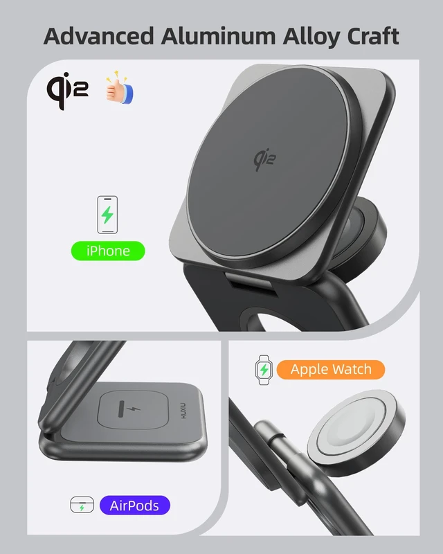 Alt view image 3 of 7 - KUXIU Qi2-Certified 15W 3 in 1 Magnetic Wireless Charging Station for Apple | Aluminum Alloy Design, Foldable Travel Charger Stand with 45W Adapter for iPhone 17-12, 5W for Apple Watch & AirPods, Gray