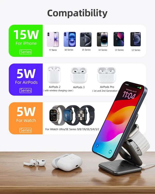 Alt view image 6 of 7 - KUXIU Qi2-Certified 15W 3 in 1 Magnetic Wireless Charging Station for Apple | Aluminum Alloy Design, Foldable Travel Charger Stand with 45W Adapter for iPhone 17-12, 5W for Apple Watch & AirPods, Gray