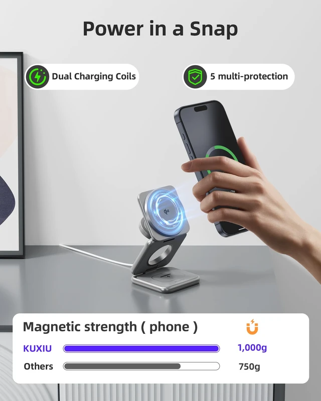 Alt view image 7 of 7 - KUXIU Qi2-Certified 15W 3 in 1 Magnetic Wireless Charging Station for Apple | Aluminum Alloy Design, Foldable Travel Charger Stand with 45W Adapter for iPhone 17-12, 5W for Apple Watch & AirPods, Gray