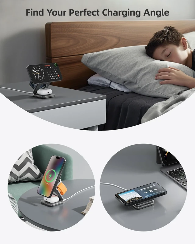 Alt view image 5 of 7 - KUXIU Qi2-Certified 15W 3 in 1 Magnetic Wireless Charging Station for Apple | Aluminum Alloy Design, Foldable Travel Charger Stand with 45W Adapter for iPhone 17-12, 5W for Apple Watch & AirPods, Gray