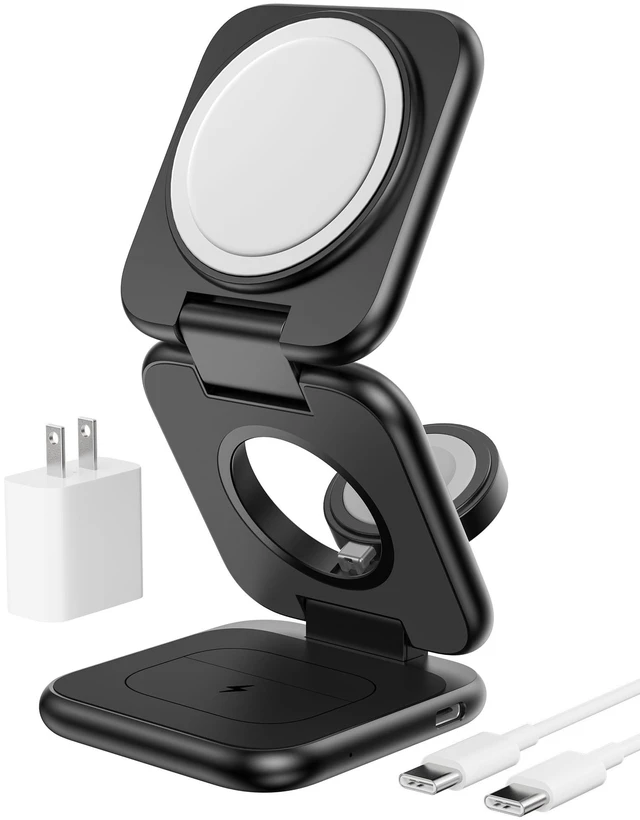 Main image of Foldable 3 in 1 Magnetic Wireless Charging Station for Apple Devices | Aluminum Alloy Design, Foldable Travel Charger Stand with 20W Adapter for iPhone 17-12, 5W for Apple Watch & AirPods, Black