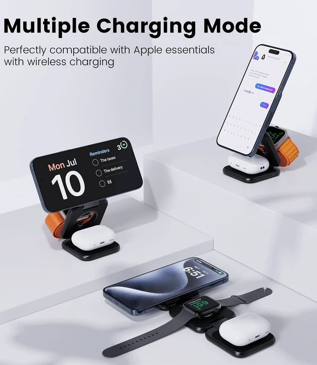 Alt view image 3 of 7 - Foldable 3 in 1 Magnetic Wireless Charging Station for Apple Devices | Aluminum Alloy Design, Foldable Travel Charger Stand with 20W Adapter for iPhone 17-12, 5W for Apple Watch & AirPods, Black
