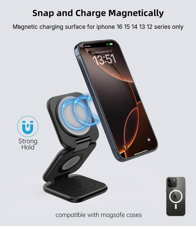 Alt view image 5 of 7 - Foldable 3 in 1 Magnetic Wireless Charging Station for Apple Devices | Aluminum Alloy Design, Foldable Travel Charger Stand with 20W Adapter for iPhone 17-12, 5W for Apple Watch & AirPods, Black