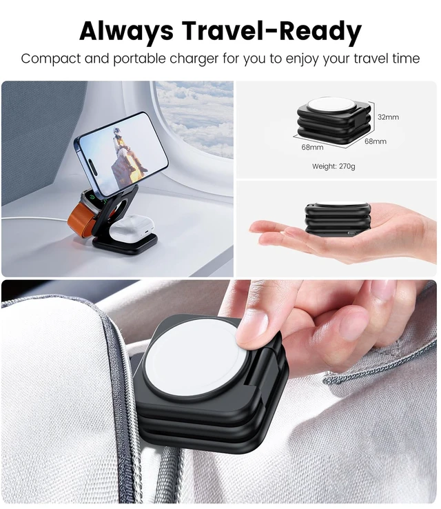 Alt view image 4 of 7 - Foldable 3 in 1 Magnetic Wireless Charging Station for Apple Devices | Aluminum Alloy Design, Foldable Travel Charger Stand with 20W Adapter for iPhone 17-12, 5W for Apple Watch & AirPods, Black