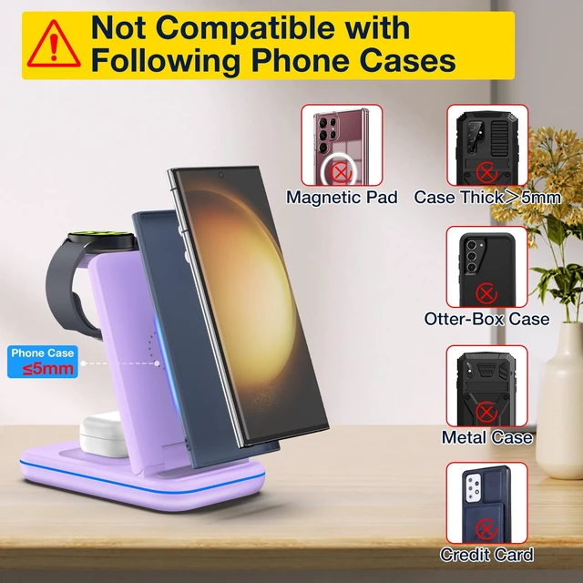 Alt view image 4 of 7 - Multi Charger for Samsung, Foldable Charger ONLY for Galaxy Watch Ultra/7/6/5/4/3/Active 2, Travel 3 in 1 Fast Charging Station/Dock for Samsung S24/S23/S22/S21/S20/Note 20, for Buds 3/2 Pro(Violet)