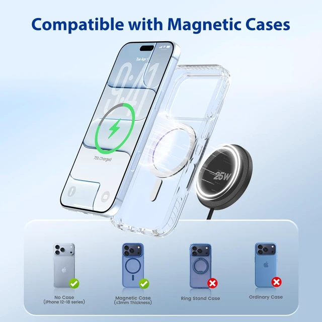 Alt view image 5 of 7 - 25W Magnetic Wireless Charger for Apple MagSafe (Black-1 Pack with Adapter) | Fast Charging Pad Compatible for iPhone Duo 18 17 16 15 14 13 12 Pro Max - Portable for Travel Home Office