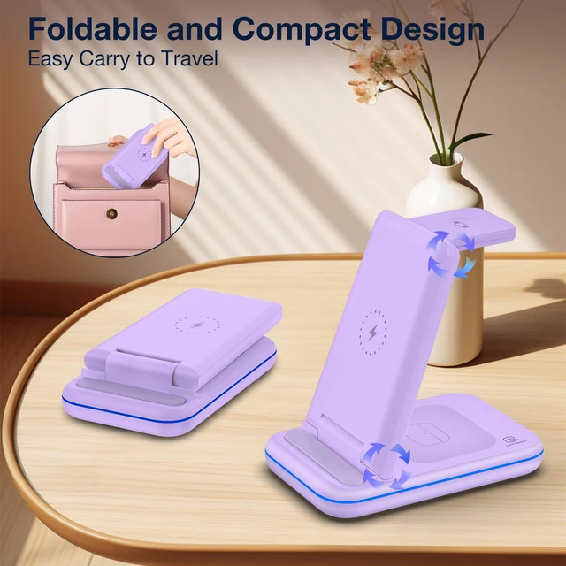 Alt view image 7 of 7 - Multi Charger for Samsung, Foldable Charger ONLY for Galaxy Watch Ultra/7/6/5/4/3/Active 2, Travel 3 in 1 Fast Charging Station/Dock for Samsung S24/S23/S22/S21/S20/Note 20, for Buds 3/2 Pro(Violet)