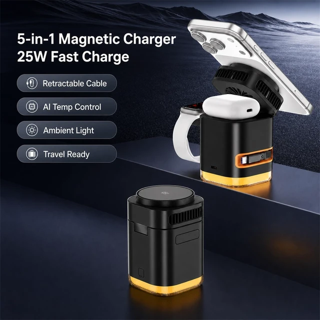 Alt view image 2 of 7 - 3-in-1 Wireless Charging Station Compatible with TEC Cooling Fan (Balck) | QI2.2 25W Fast Phone Magnetic Wireless Charger for iPhone17 -13, Apple Watch, AirPods45W Adapter