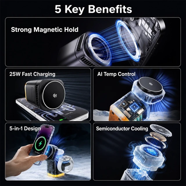 Alt view image 6 of 7 - 3-in-1 Wireless Charging Station Compatible with TEC Cooling Fan (Balck) | QI2.2 25W Fast Phone Magnetic Wireless Charger for iPhone17 -13, Apple Watch, AirPods45W Adapter