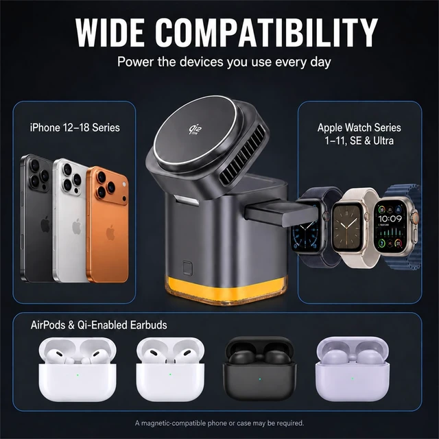 Alt view image 7 of 7 - 3-in-1 Wireless Charging Station Compatible with TEC Cooling Fan (Balck) | QI2.2 25W Fast Phone Magnetic Wireless Charger for iPhone17 -13, Apple Watch, AirPods45W Adapter