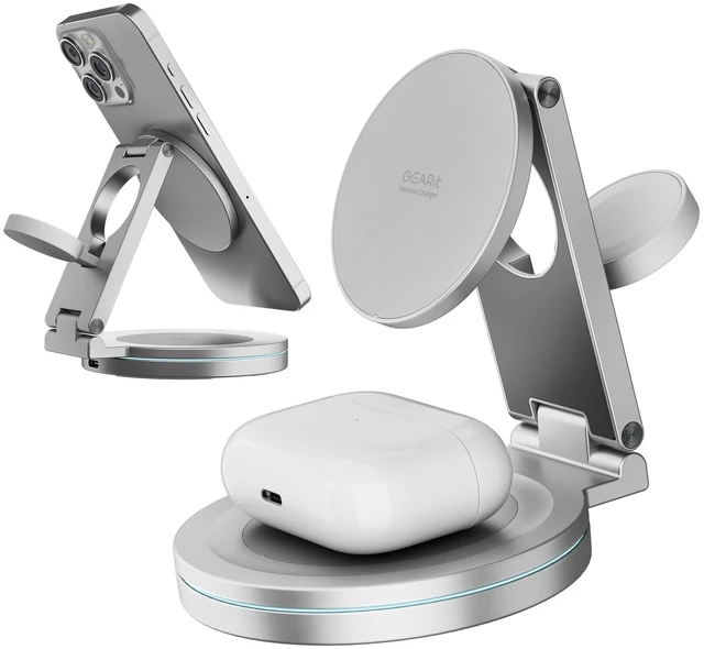 Main image of GEARit 3 in 1 Wireless Charging Station MagSafe Charger Stand White 20W | 20W Fast Charge, Phone Watch and Earbuds, Foldable Travel Stand, iPhone AirPods Apple Watch Compatible