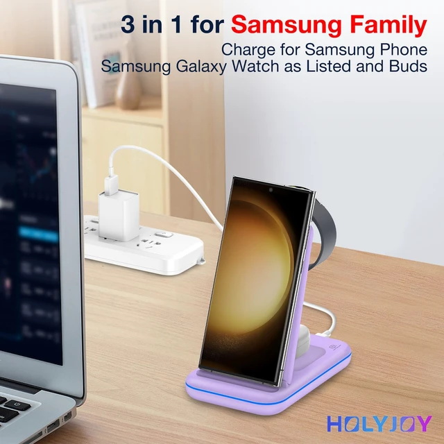 Alt view image 6 of 7 - Multi Charger for Samsung, Foldable Charger ONLY for Galaxy Watch Ultra/7/6/5/4/3/Active 2, Travel 3 in 1 Fast Charging Station/Dock for Samsung S24/S23/S22/S21/S20/Note 20, for Buds 3/2 Pro(Violet)