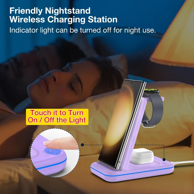 Alt view image 5 of 7 - Multi Charger for Samsung, Foldable Charger ONLY for Galaxy Watch Ultra/7/6/5/4/3/Active 2, Travel 3 in 1 Fast Charging Station/Dock for Samsung S24/S23/S22/S21/S20/Note 20, for Buds 3/2 Pro(Violet)