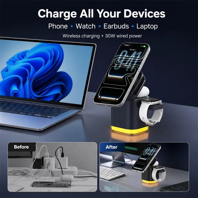 Alt view image 4 of 7 - 3-in-1 Wireless Charging Station Compatible with TEC Cooling Fan (Balck) | QI2.2 25W Fast Phone Magnetic Wireless Charger for iPhone17 -13, Apple Watch, AirPods45W Adapter