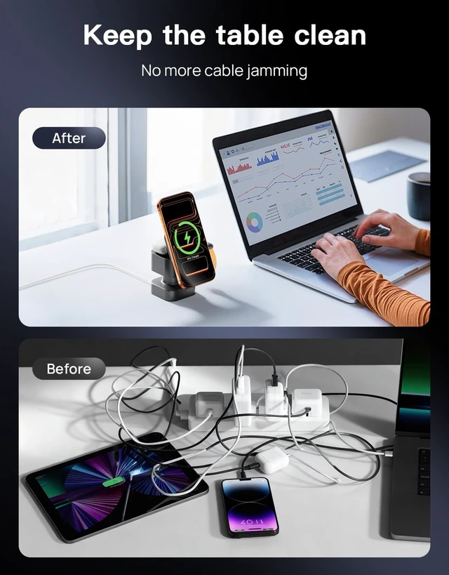 Alt view image 3 of 7 - 3 in 1 Wireless Charging Station, Wireless Charger with Night-Lamp & Retractable Design, Phone Wireless Charger Fast Charger for Phone 17/16/15/14/13/12/11/X Pro/Max/Plus/Watch/pods