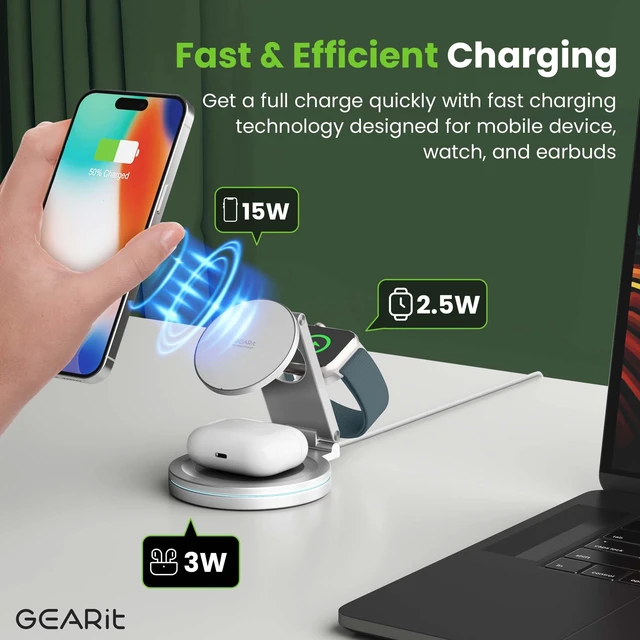 Alt view image 2 of 7 - GEARit 3 in 1 Wireless Charging Station MagSafe Charger Stand White 20W | 20W Fast Charge, Phone Watch and Earbuds, Foldable Travel Stand, iPhone AirPods Apple Watch Compatible
