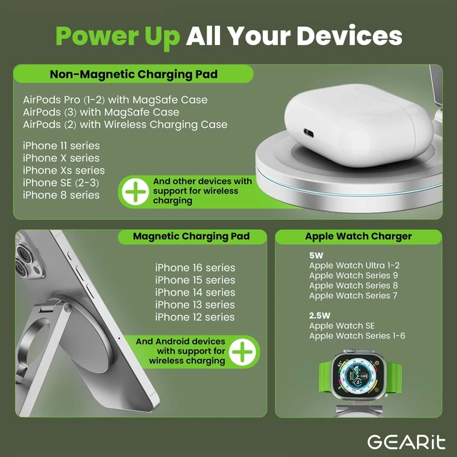 Alt view image 3 of 7 - GEARit 3 in 1 Wireless Charging Station MagSafe Charger Stand White 20W | 20W Fast Charge, Phone Watch and Earbuds, Foldable Travel Stand, iPhone AirPods Apple Watch Compatible