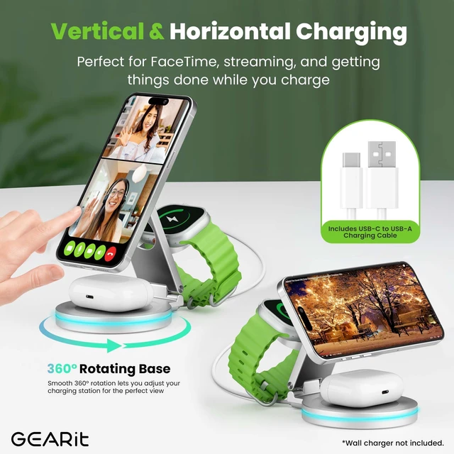 Alt view image 4 of 7 - GEARit 3 in 1 Wireless Charging Station MagSafe Charger Stand White 20W | 20W Fast Charge, Phone Watch and Earbuds, Foldable Travel Stand, iPhone AirPods Apple Watch Compatible