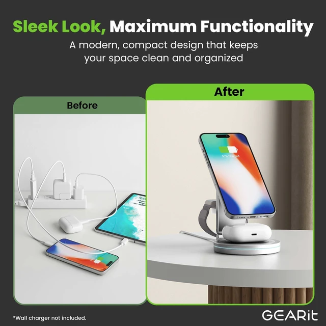 Alt view image 5 of 7 - GEARit 3 in 1 Wireless Charging Station MagSafe Charger Stand White 20W | 20W Fast Charge, Phone Watch and Earbuds, Foldable Travel Stand, iPhone AirPods Apple Watch Compatible