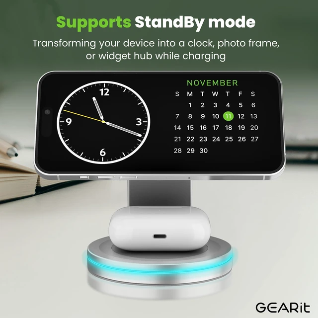 Alt view image 7 of 7 - GEARit 3 in 1 Wireless Charging Station MagSafe Charger Stand White 20W | 20W Fast Charge, Phone Watch and Earbuds, Foldable Travel Stand, iPhone AirPods Apple Watch Compatible