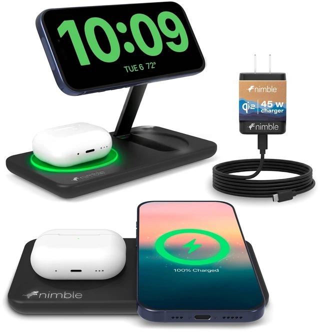 Main image of Nimble Podium 2-in-1 Wireless Charging Station, Qi2-Certified, USB-C Cable | 25W Magsafe Fast Charger Stand, Compatible with iPhone 18/17/16/15/14 and Airpod Series (45W Adapter & USB-C Included)