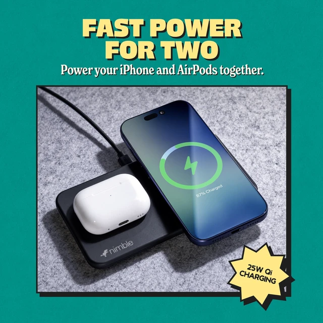Alt view image 2 of 7 - Nimble Podium 2-in-1 Wireless Charging Station, Qi2-Certified, USB-C Cable | 25W Magsafe Fast Charger Stand, Compatible with iPhone 18/17/16/15/14 and Airpod Series (45W Adapter & USB-C Included)
