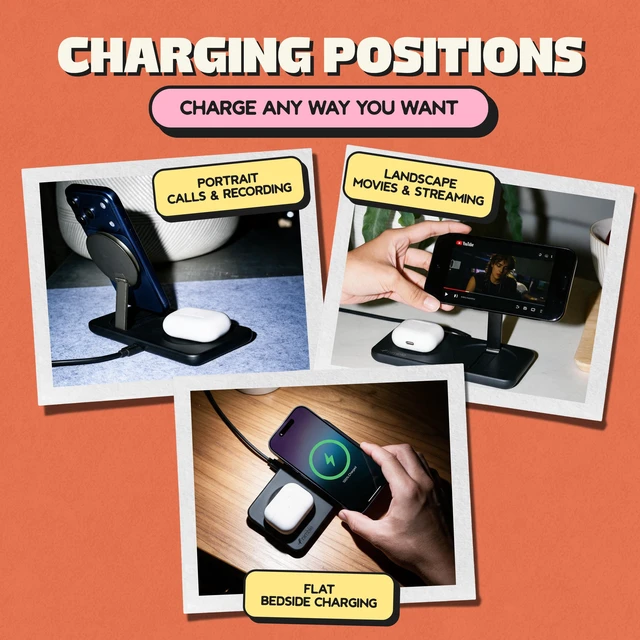 Alt view image 3 of 7 - Nimble Podium 2-in-1 Wireless Charging Station, Qi2-Certified, USB-C Cable | 25W Magsafe Fast Charger Stand, Compatible with iPhone 18/17/16/15/14 and Airpod Series (45W Adapter & USB-C Included)