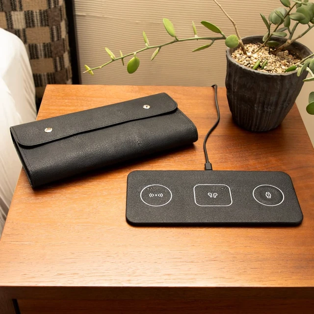 Alt view image 5 of 7 - Brouk and Co ACE 3-in-1 Portable Wireless Fast Charging Pad, Yellow - Compatible with iPhone, Apple, Samsung, and Android - Multi-Device, 15W, Vegan Leather, Watches, Phones, Headphones