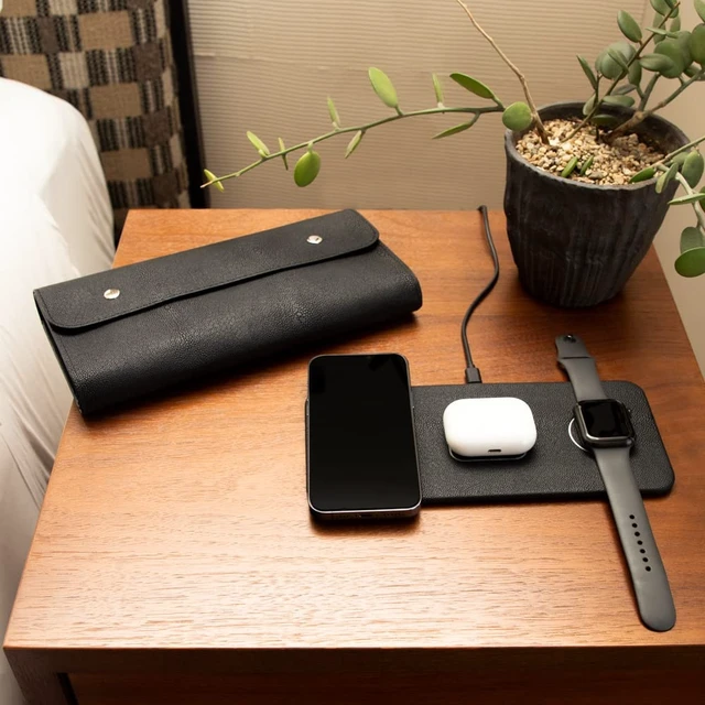 Alt view image 6 of 7 - Brouk and Co ACE 3-in-1 Portable Wireless Fast Charging Pad, Yellow - Compatible with iPhone, Apple, Samsung, and Android - Multi-Device, 15W, Vegan Leather, Watches, Phones, Headphones