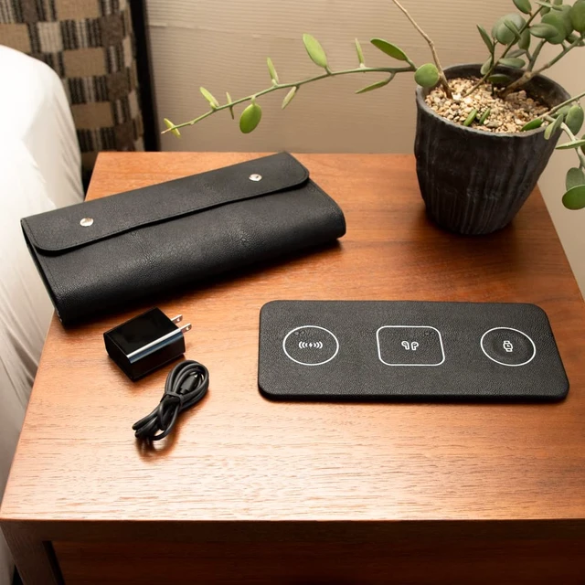 Alt view image 7 of 7 - Brouk and Co ACE 3-in-1 Portable Wireless Fast Charging Pad, Yellow - Compatible with iPhone, Apple, Samsung, and Android - Multi-Device, 15W, Vegan Leather, Watches, Phones, Headphones