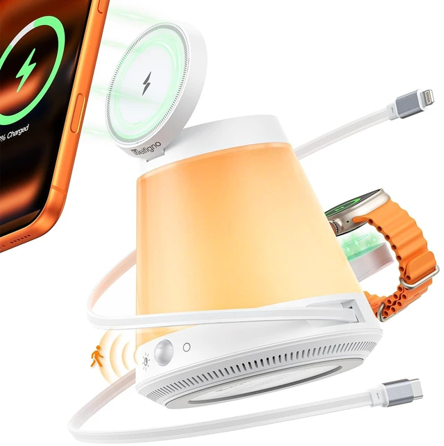 Main image of Meifigno 45W 5 in 1 for MagSafe Charger for Apple Multiple Devices, Charging Station with Automatic Sensor/Constant Night Light, Adjustable Color, Type C & Lightning Retractable Cable for iPad/AirPods