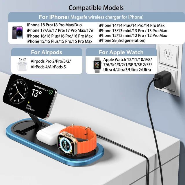Alt view image 2 of 7 - 3 in 1 Fast Wireless Charger Stand for iPhone, Foldable Travel Charging Station for Magsafe for iPhone 18 Duo 17 e Air 16 15 14 13 12 Series, Apple Watch & AirPods Series, 2026 Christ mas Gifts (Blue)