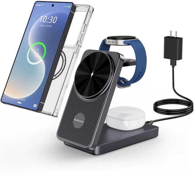 Main image of 3 in 1 Wireless Charging Station for Samsung, Foldable Wireless Charger | ELECDOV Magnetic Wireless Charger for Galaxy S26/S25/Z Fold 7/Flip 7, Travel Watch Charger Stand for Galaxy Watch 8/Buds 4