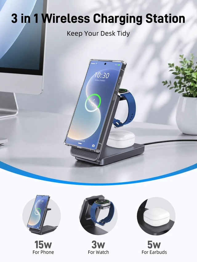 Alt view image 2 of 7 - 3 in 1 Wireless Charging Station for Samsung, Foldable Wireless Charger | ELECDOV Magnetic Wireless Charger for Galaxy S26/S25/Z Fold 7/Flip 7, Travel Watch Charger Stand for Galaxy Watch 8/Buds 4