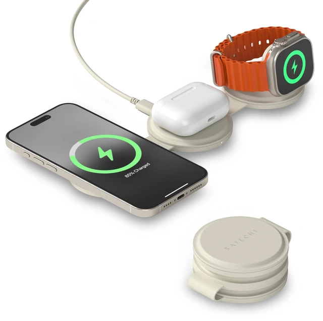 Main image of Satechi OntheGo 3-in-1 Wireless Charger, Qi2 15W Fast Charging, Sand | 5W for Apple Watch and AirPods, magnetic travel stand, fits iPhone 12-18