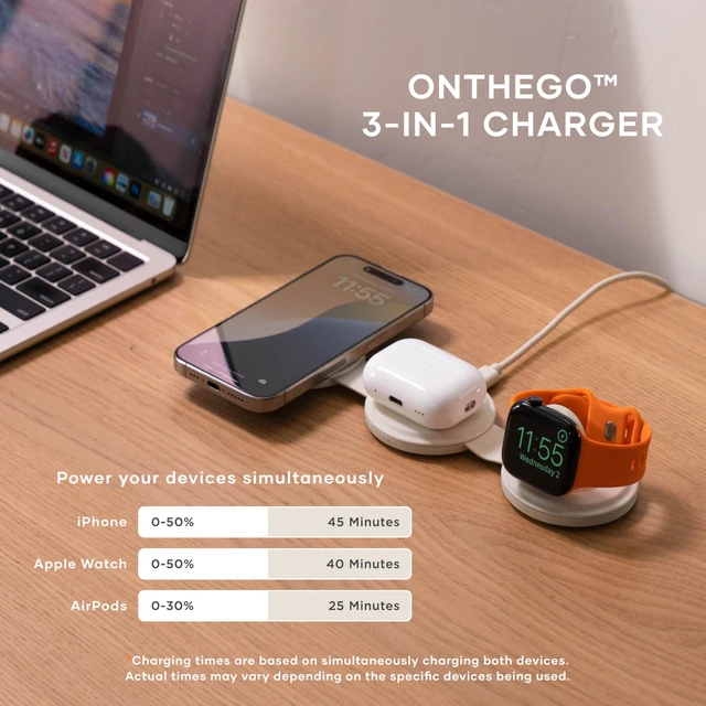 Alt view image 6 of 7 - Satechi OntheGo 3-in-1 Wireless Charger, Qi2 15W Fast Charging, Sand | 5W for Apple Watch and AirPods, magnetic travel stand, fits iPhone 12-18