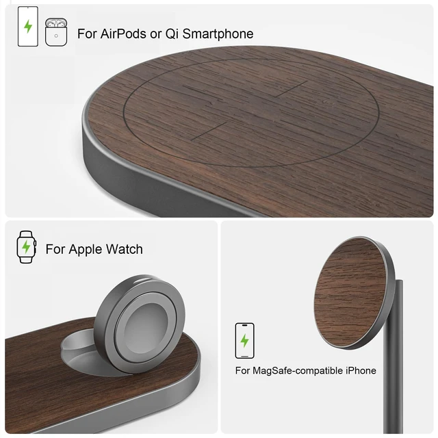 Alt view image 2 of 7 - KU XIU X23 Pro 3-in-1 Magnetic Wireless Charging Stand | Compatible with iPhone 1712 & iPhone Air, Apple Watch S114/SE/Ultra and AirPods 4/3/2/Pro, Wood Grain Finish