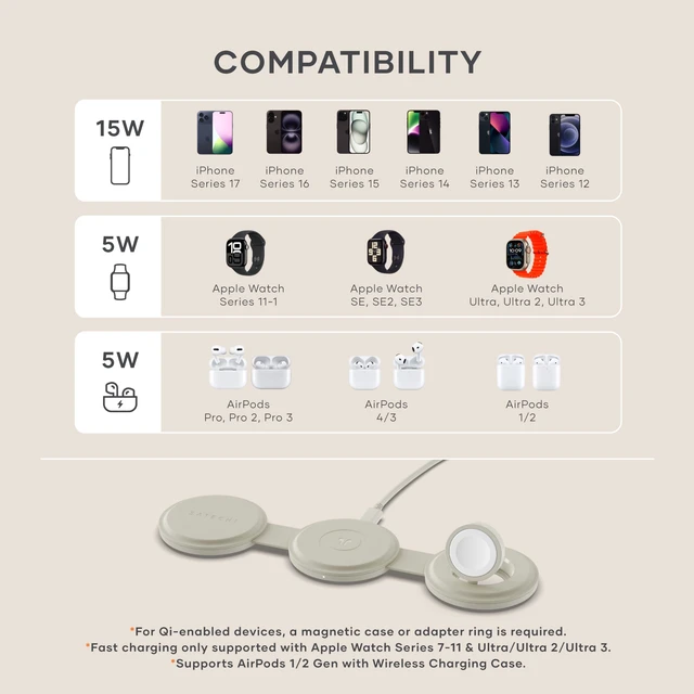 Alt view image 7 of 7 - Satechi OntheGo 3-in-1 Wireless Charger, Qi2 15W Fast Charging, Sand | 5W for Apple Watch and AirPods, magnetic travel stand, fits iPhone 12-18