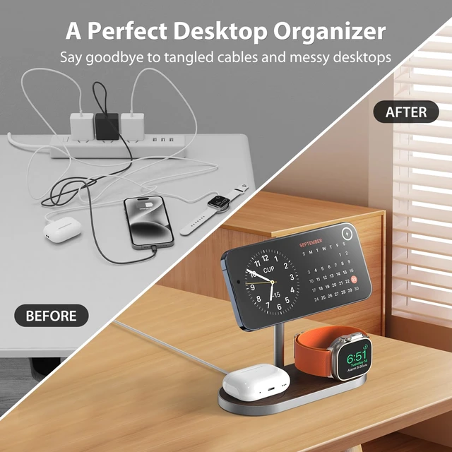 Alt view image 4 of 7 - KU XIU X23 Pro 3-in-1 Magnetic Wireless Charging Stand | Compatible with iPhone 1712 & iPhone Air, Apple Watch S114/SE/Ultra and AirPods 4/3/2/Pro, Wood Grain Finish