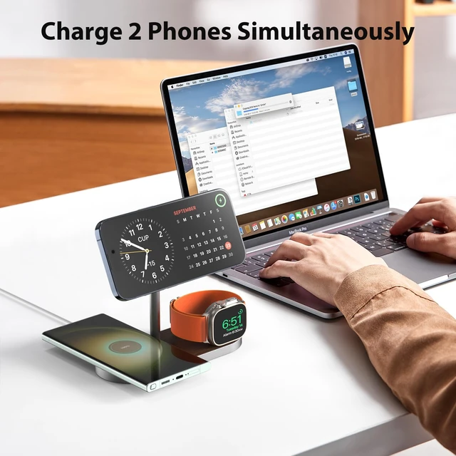 Alt view image 3 of 7 - KU XIU X23 Pro 3-in-1 Magnetic Wireless Charging Stand | Compatible with iPhone 1712 & iPhone Air, Apple Watch S114/SE/Ultra and AirPods 4/3/2/Pro, Wood Grain Finish