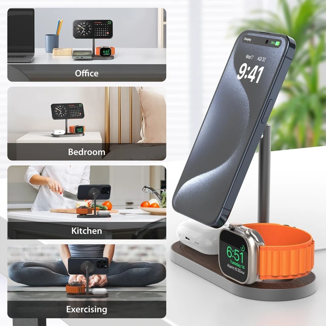 Alt view image 5 of 7 - KU XIU X23 Pro 3-in-1 Magnetic Wireless Charging Stand | Compatible with iPhone 1712 & iPhone Air, Apple Watch S114/SE/Ultra and AirPods 4/3/2/Pro, Wood Grain Finish