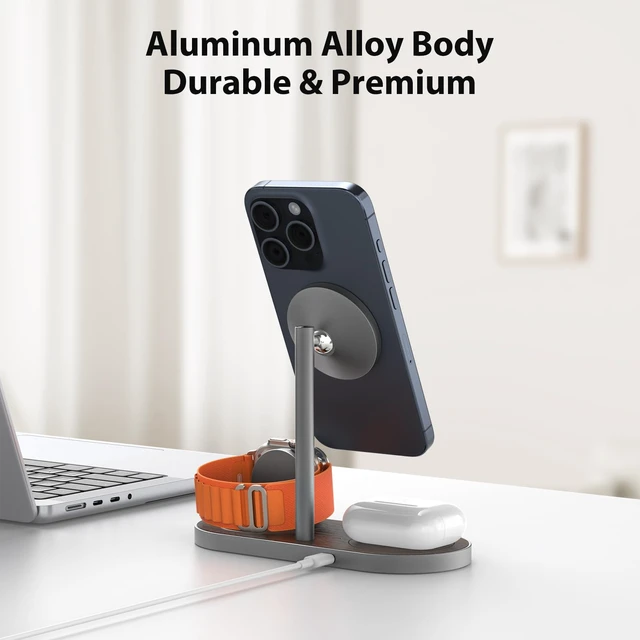 Alt view image 7 of 7 - KU XIU X23 Pro 3-in-1 Magnetic Wireless Charging Stand | Compatible with iPhone 1712 & iPhone Air, Apple Watch S114/SE/Ultra and AirPods 4/3/2/Pro, Wood Grain Finish