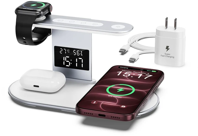 Main image of PENTASPI Wireless Charger Station with Night Light for iPhone Muti-Devices | 5 in 1 Lamp Charger Station, with FastCharge Adapter, Wireless Chager Stand for iPhone 12-18, iWatch 3-12, AirPods, White
