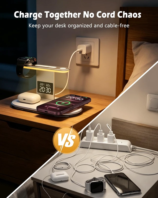 Alt view image 5 of 7 - PENTASPI Wireless Charger Station with Night Light for iPhone Muti-Devices | 5 in 1 Lamp Charger Station, with FastCharge Adapter, Wireless Chager Stand for iPhone 12-18, iWatch 3-12, AirPods, White