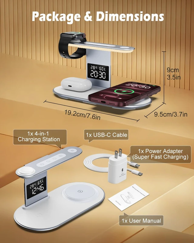 Alt view image 7 of 7 - PENTASPI Wireless Charger Station with Night Light for iPhone Muti-Devices | 5 in 1 Lamp Charger Station, with FastCharge Adapter, Wireless Chager Stand for iPhone 12-18, iWatch 3-12, AirPods, White