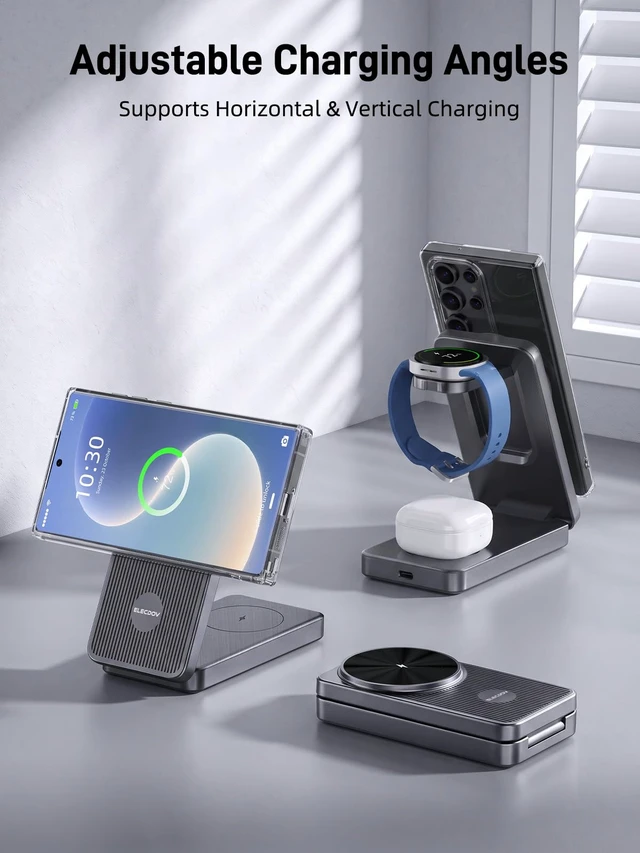 Alt view image 7 of 7 - 3 in 1 Wireless Charging Station for Samsung, Foldable Wireless Charger | ELECDOV Magnetic Wireless Charger for Galaxy S26/S25/Z Fold 7/Flip 7, Travel Watch Charger Stand for Galaxy Watch 8/Buds 4