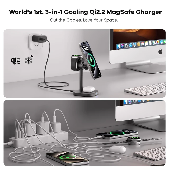 Alt view image 2 of 7 - Catmart 3-in-1 Wireless Charging Station, Qi2.2 25W Fast Charge with Cooling Fan (On/Off), for iPhone 1712/Apple Watch/AirPods, Includes 45W Adapter Great for Desk & Live Streaming