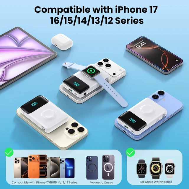 Alt view image 4 of 7 - Magnetic Portable Charger for iPhone with Built-in Cable,10800mAh Wireless Power Bank for Magsafe Travel Essential,6-in-1 25W PD Fast Charging USB C Battery Pack for iPhone 17/16/15/14/13, Apple Watch